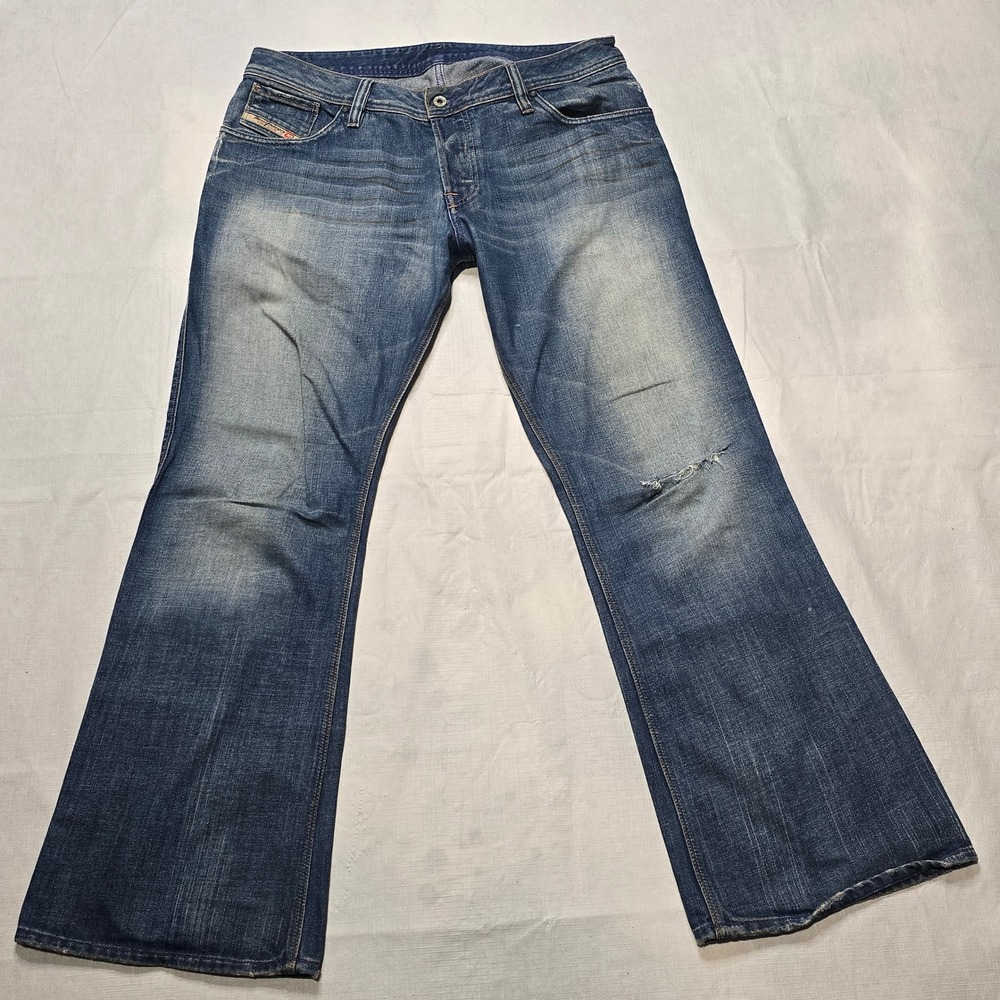 Diesel Zaf Bootcut Jeans Mens 36x32 Blue Distressed Button Fly Made in Italy